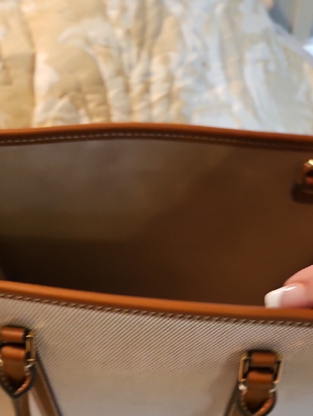 Tory Burch Blake Cream Canvas Satchel with Brown Leather Trim - Picture 13 of 15